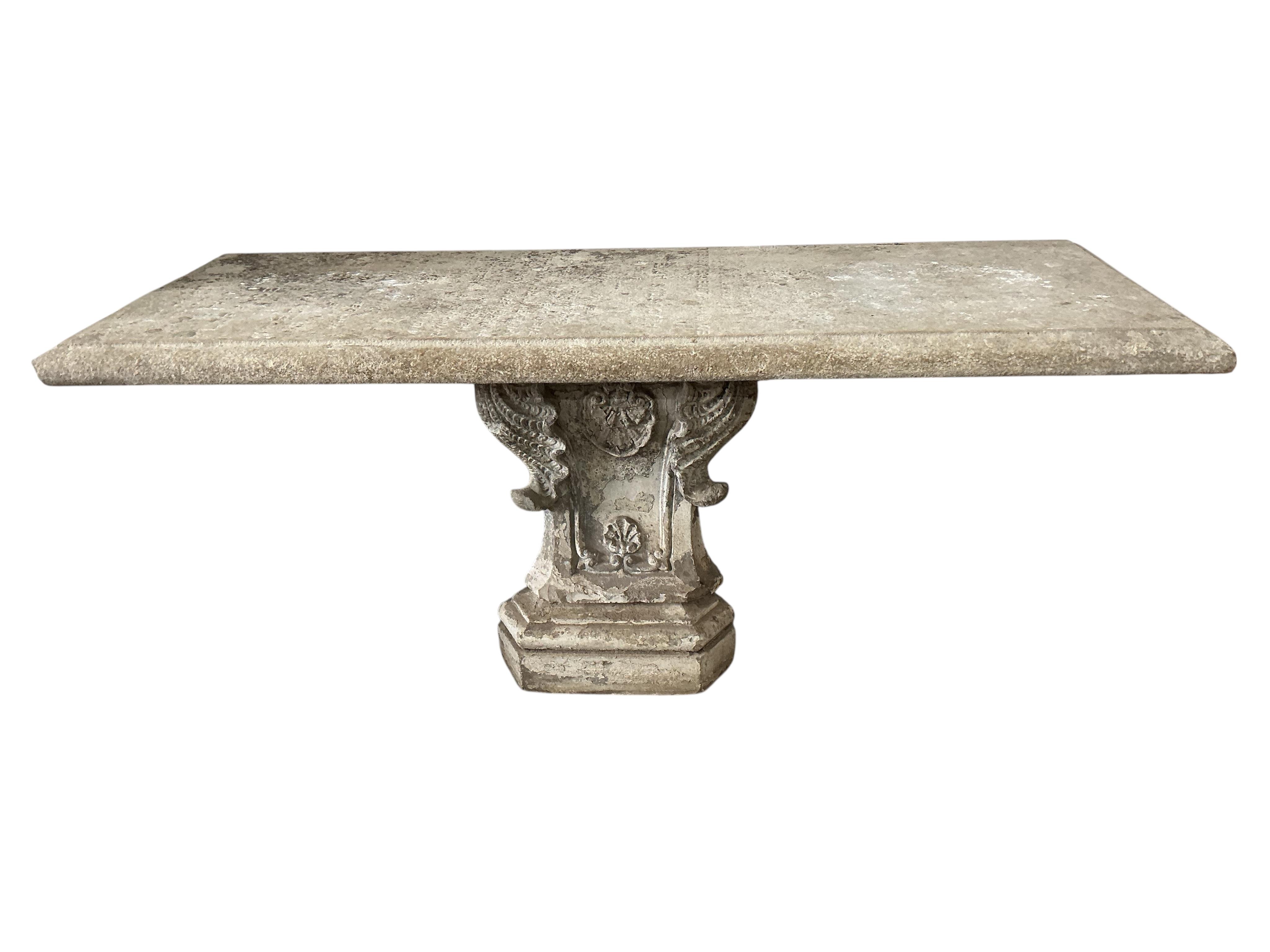 A Victorian tomb stone console table, width 180cm, depth 72cm, height 72cm, Provenance: The late Kenneth Turner (1936-2025), celebrity florist, designer and perfume retailer, he received the Royal Warrant from the Prince